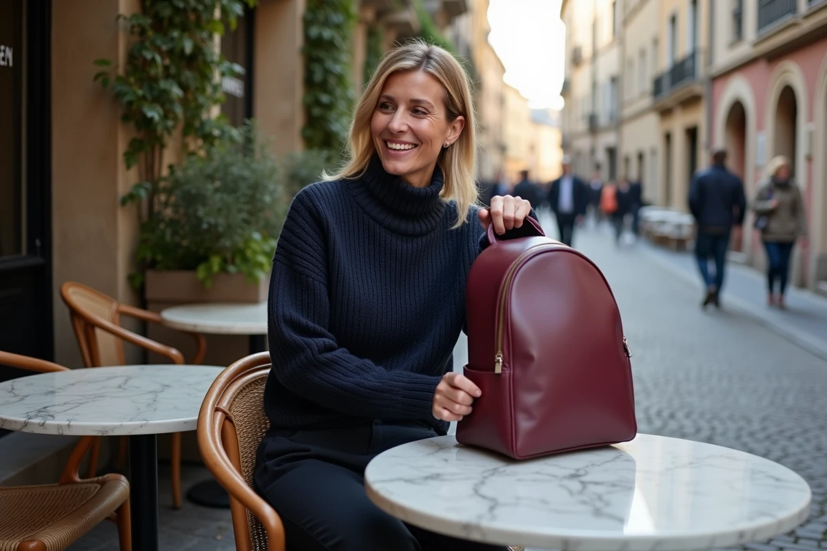 Femme assise en terrasse de café avec un sac à dos bordeaux minimaliste dans un quartier branché européen