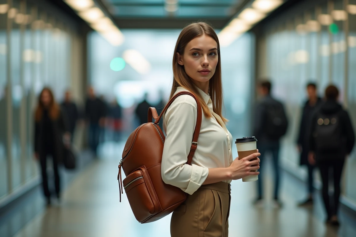 Femme professionnelle avec un sac à dos cognac élégant à l'entrée d'une station de métro moderne en ville