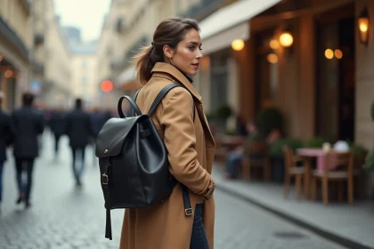Femme élégante avec un sac à dos en cuir noir marchant dans une rue parisienne pavée en imperméable camel