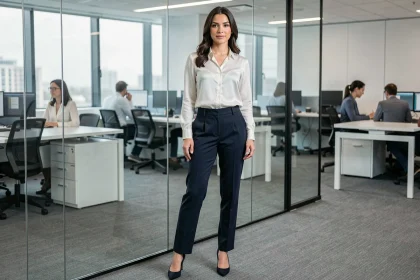 Femme professionnelle portant un sarouel bleu marine avec une blouse blanche dans un bureau moderne