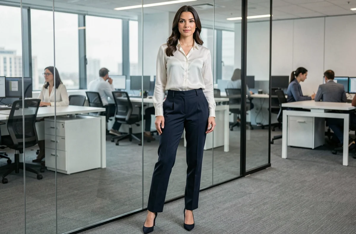 Femme professionnelle portant un sarouel bleu marine avec une blouse blanche dans un bureau moderne