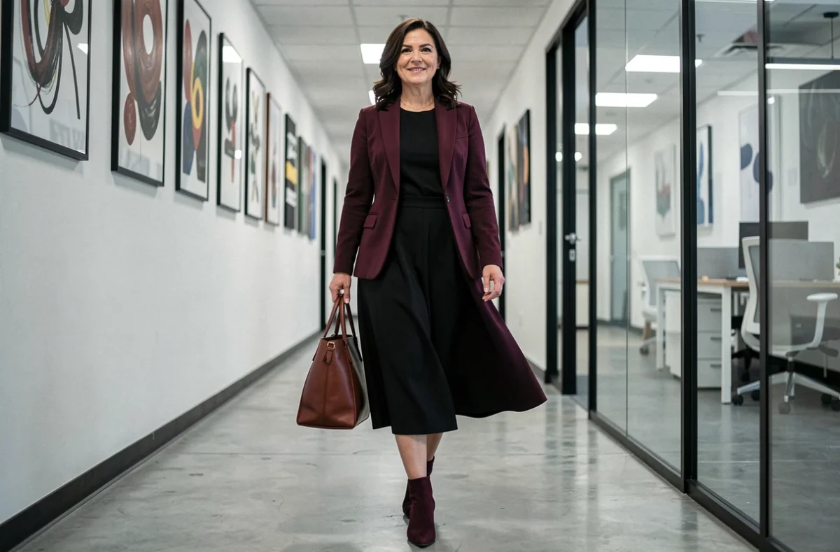 Femme en sarouel noir et blazer bordeaux marchant avec assurance dans un couloir de bureau