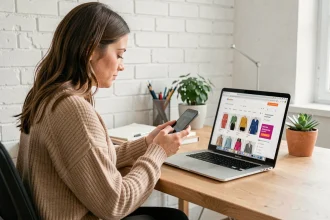 Femme consultant le service client Zalando Lounge sur son smartphone depuis un bureau à domicile