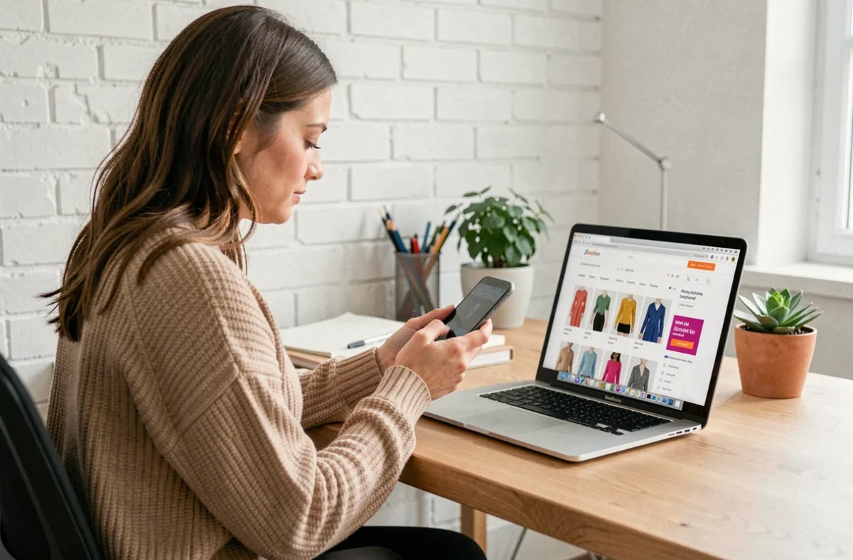 Femme consultant le service client Zalando Lounge sur son smartphone depuis un bureau à domicile