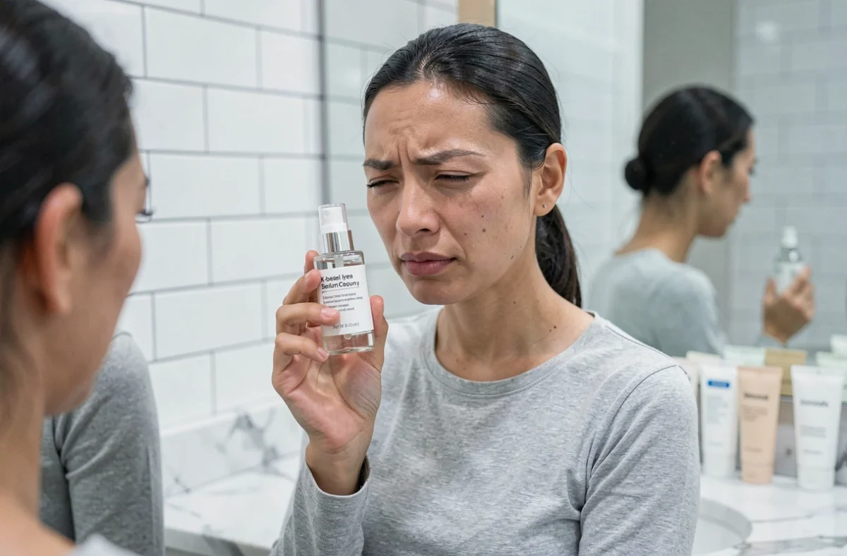Femme analysant un produit de soin Yepoda dans une salle de bain moderne pour vérifier les conditions d'une promotion