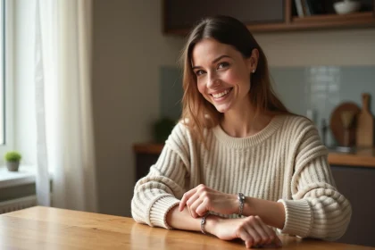 Femme souriante portant un bracelet photo en int&eacute;rieur