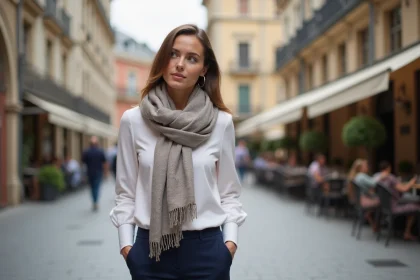 Femme &eacute;l&eacute;gante portant un foulard dans une ville europ&eacute;enne