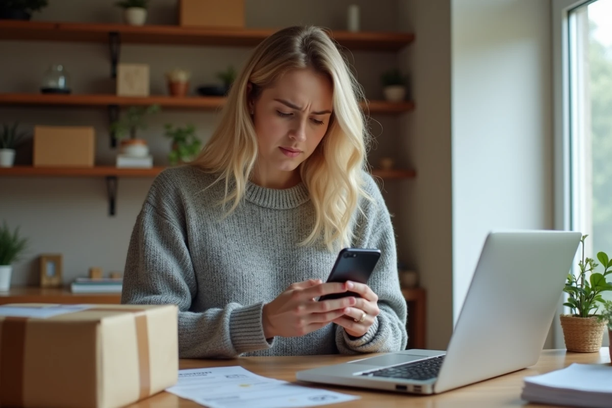 Femme frustrée vérifiant le suivi d'un colis retour Vinted sur son smartphone à son bureau à domicile