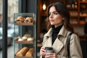 Femme élégante en trench beige devant une boulangerie parisienne