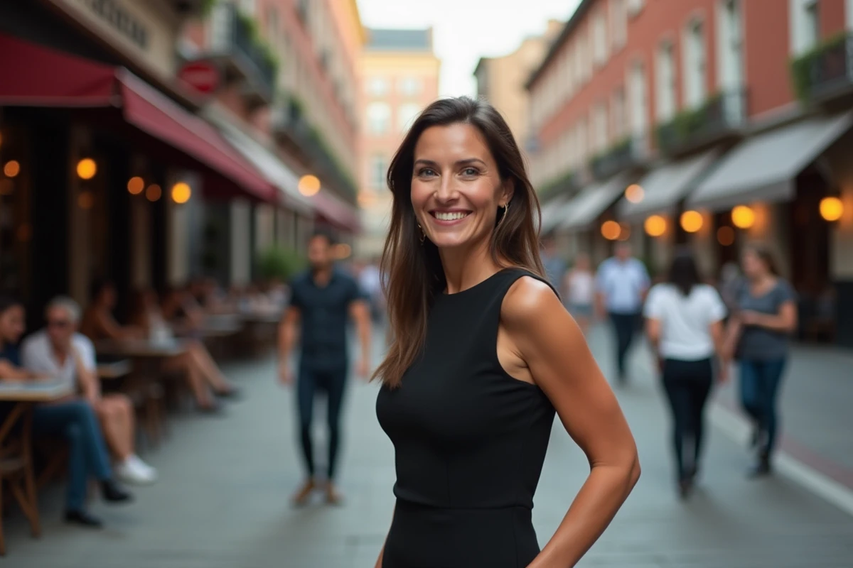 Femme dans une rue urbaine avec café et passants