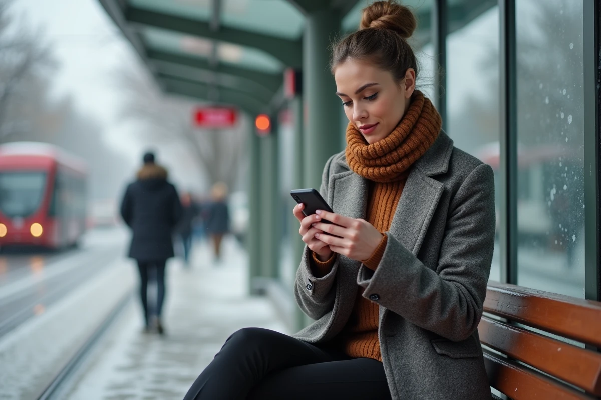 Femme élégante en hiver dans la ville assise sur un banc
