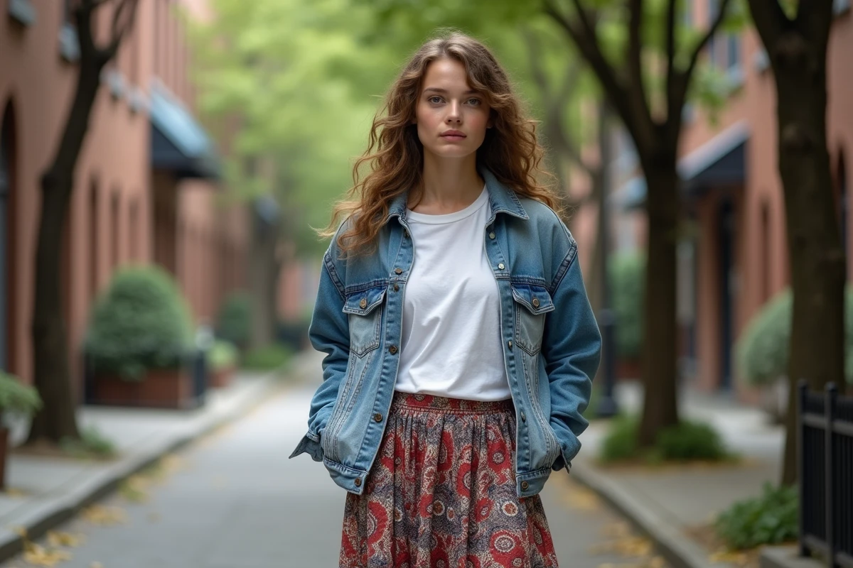 Jeune femme en style urbain avec jupe maxi paisley