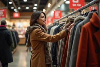 Femme souriante examinant vêtements d'hiver en magasin