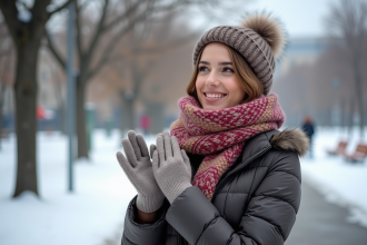 Jeune femme en hiver avec gants polyester et écharpe colorée