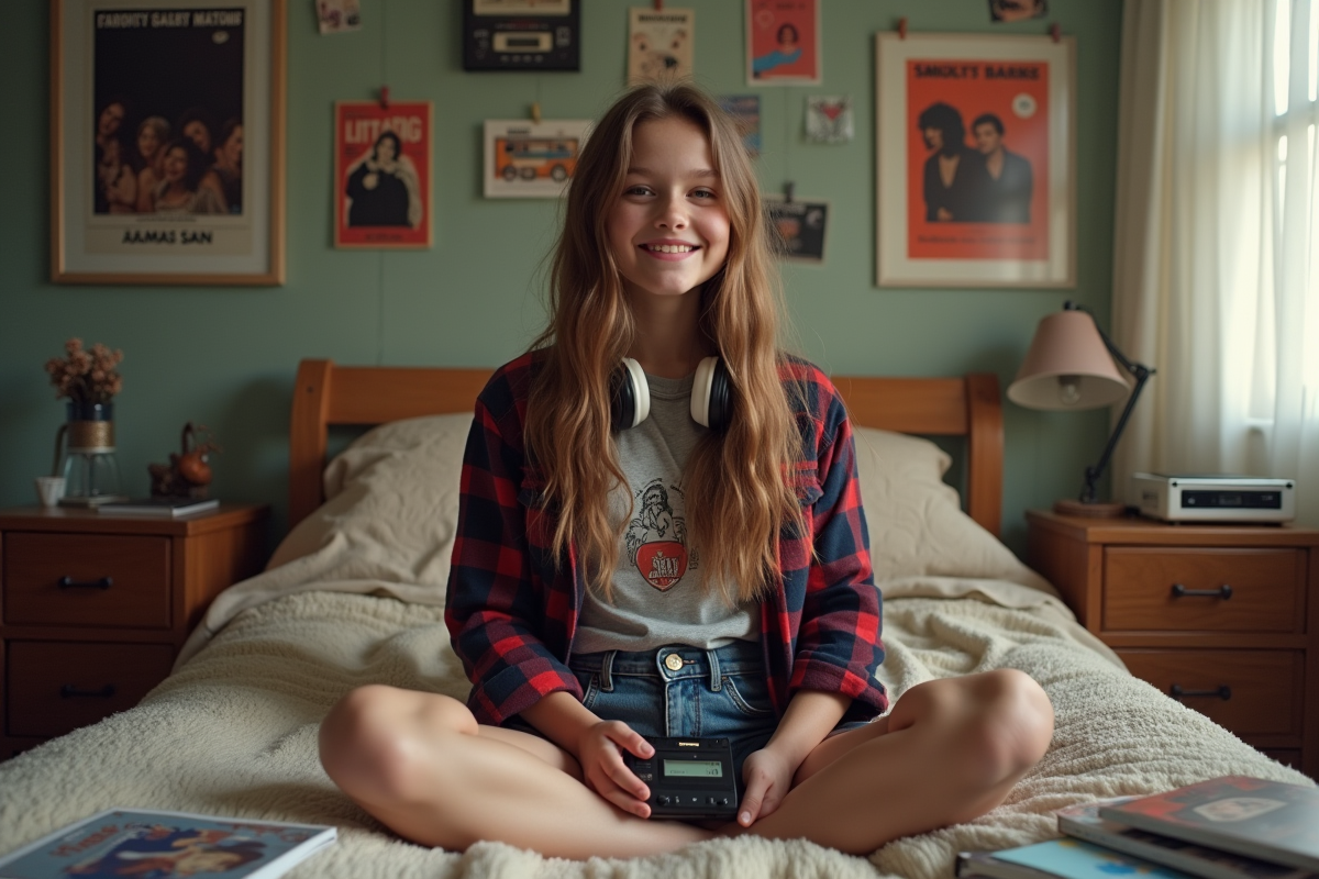 Jeune fille dans une chambre 90s avec posters et cassettes