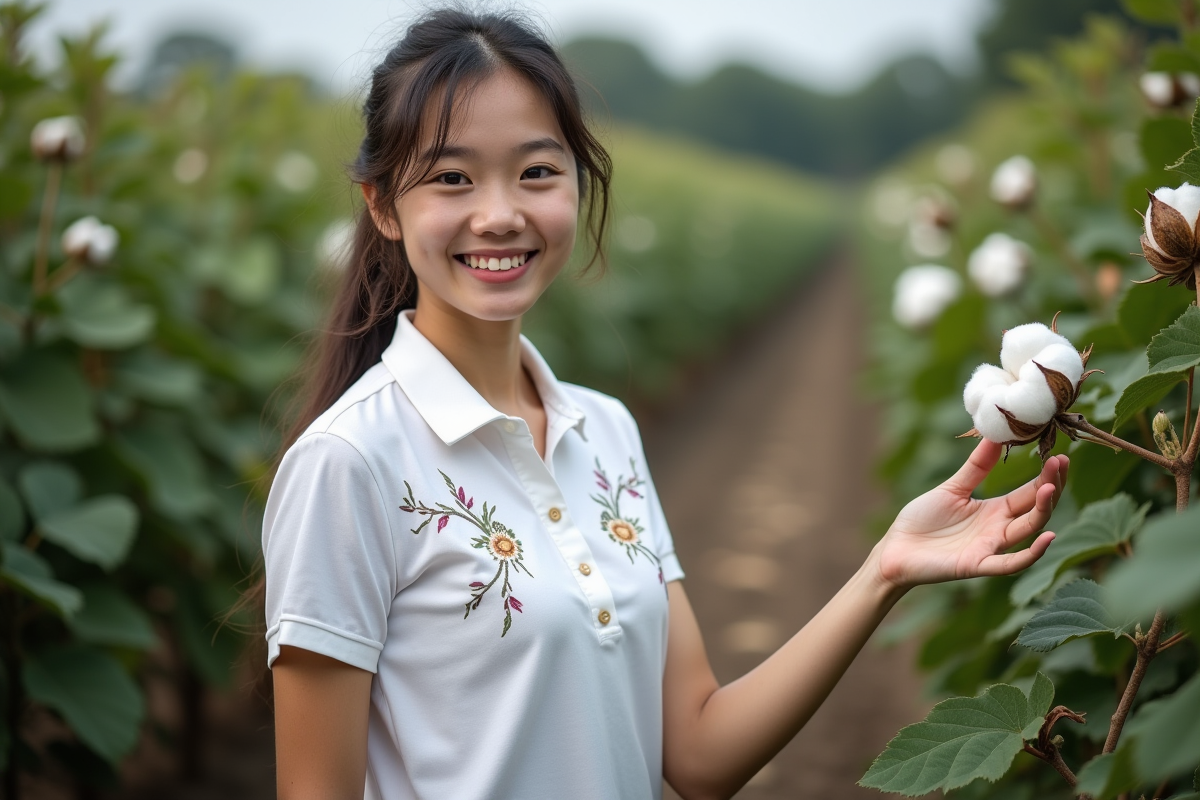 Jeune femme touchant des cotons dans un champ vert
