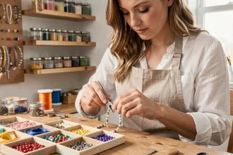Femme artisane réalisant des finitions professionnelles sur un bracelet de perles avec des pinces à bijoux sur un établi en bois