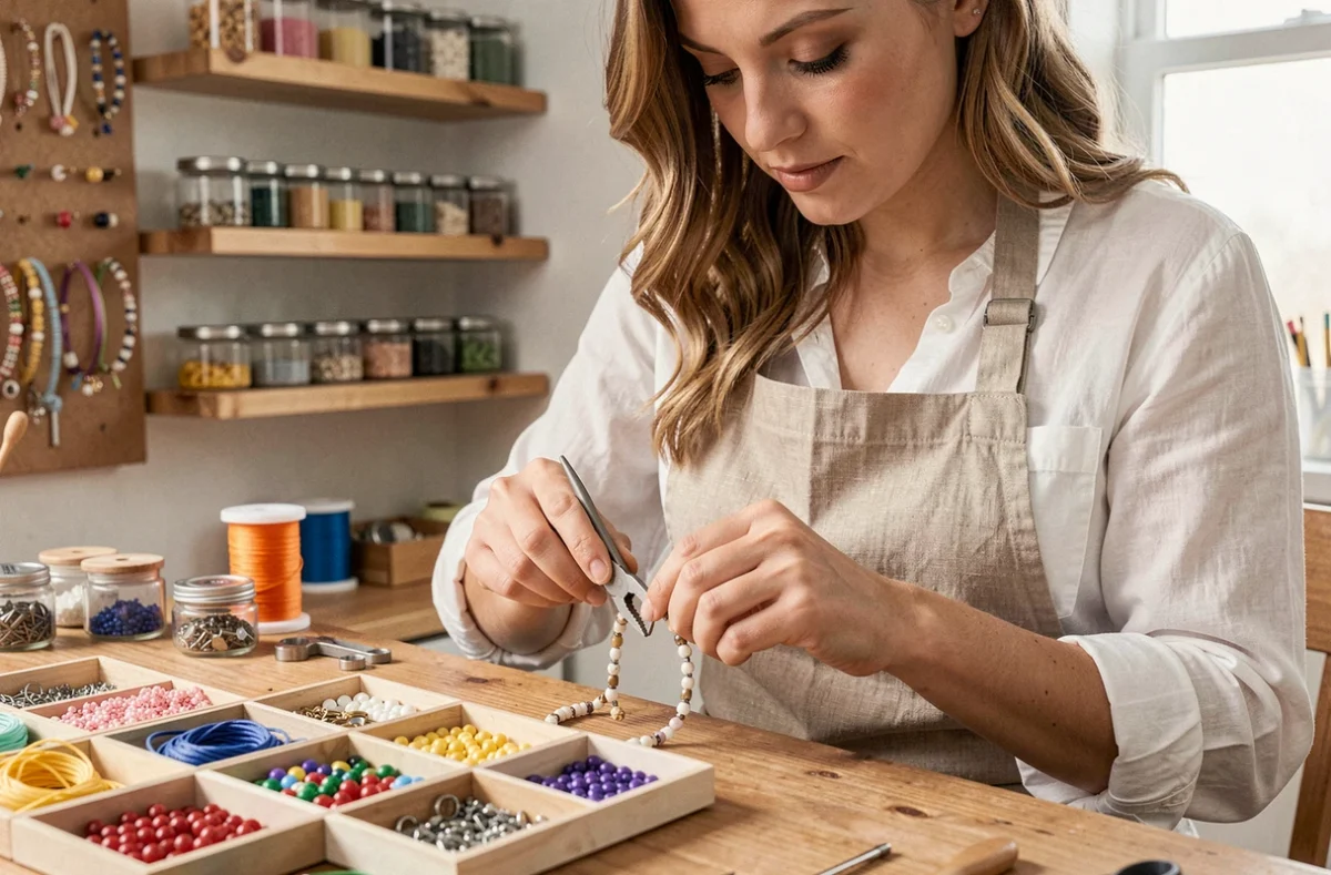 Femme artisane réalisant des finitions professionnelles sur un bracelet de perles avec des pinces à bijoux sur un établi en bois