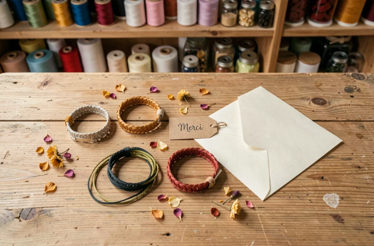 Disposition à plat de bracelets cordon personnalisés pour témoins de mariage avec étiquettes cadeaux kraft