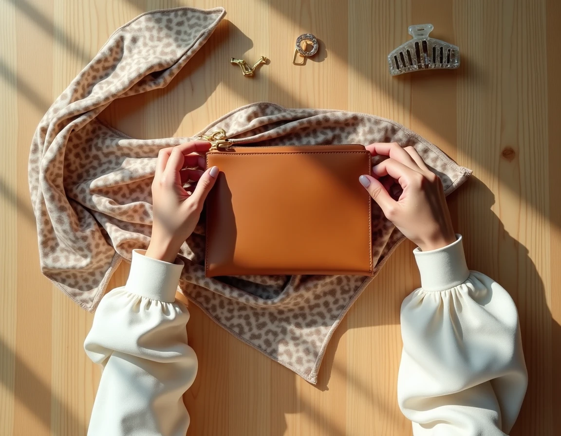 Flatlay d'accessoires tendance 2026 remis au goût du jour : sac baguette en cuir caramel, foulard en soie, boucles d'oreilles géométriques dorées et pince à cheveux en résine