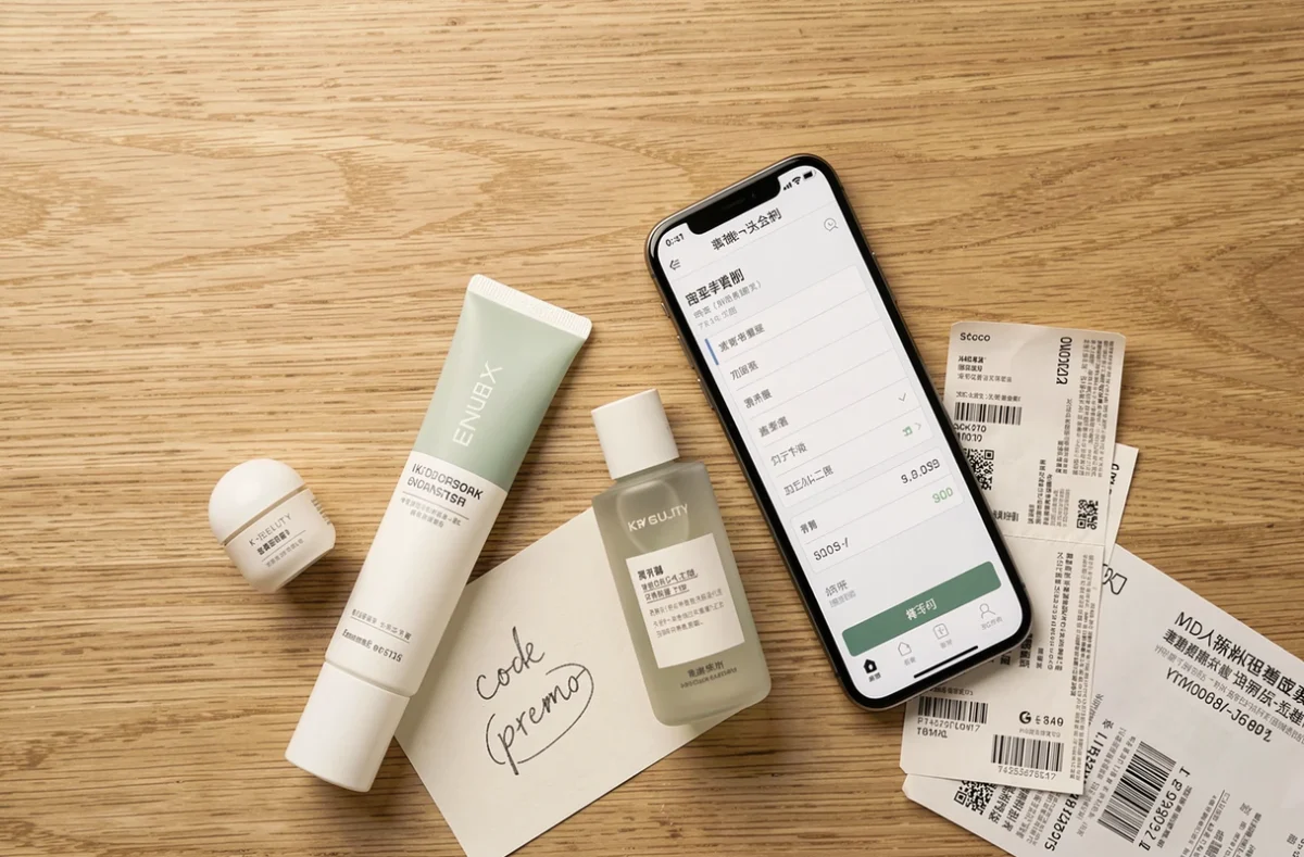 Flatlay de produits Yepoda avec un smartphone affichant une réduction et une note manuscrite code promo sur une table en bois