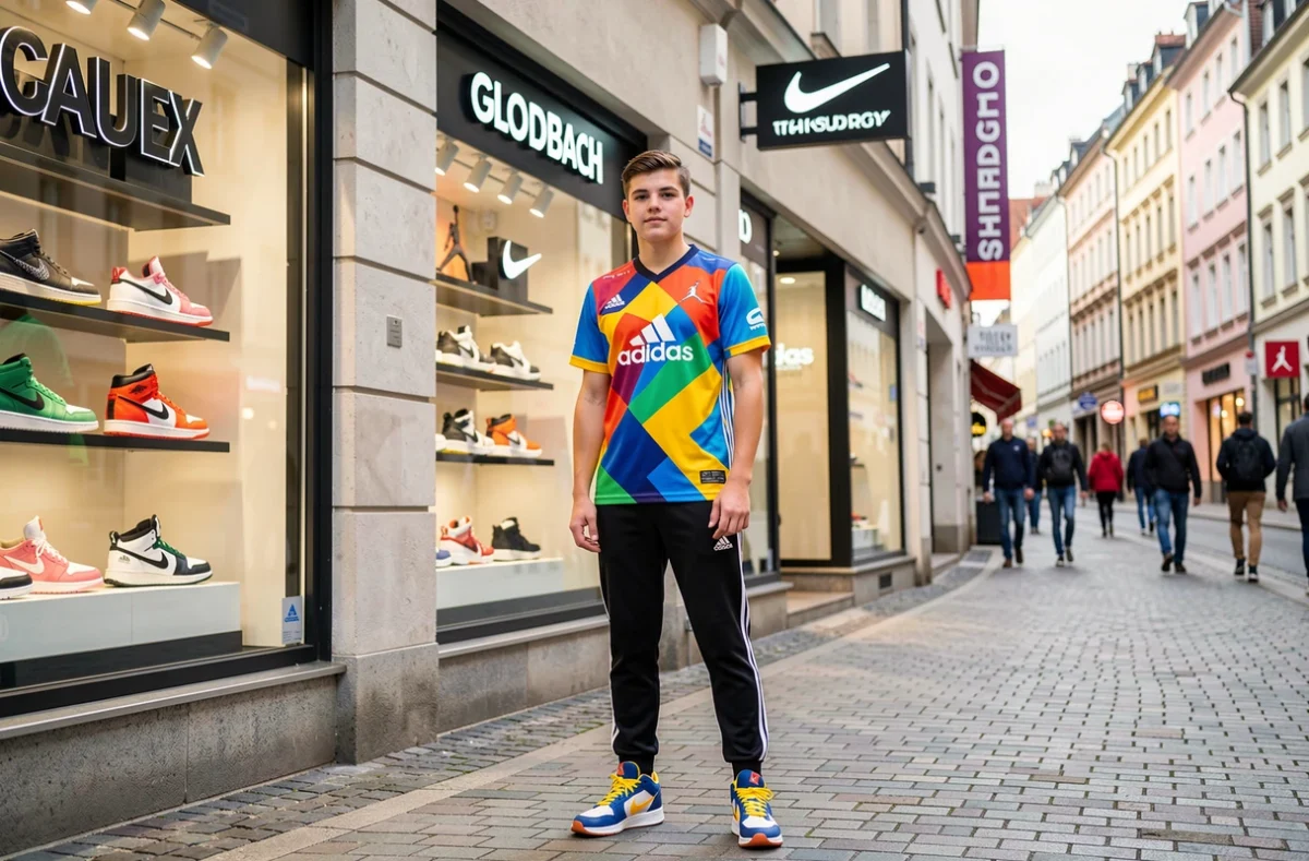 Adolescent devant la vitrine du Foot Locker à Strasbourg avec des sneakers basketball en exposition