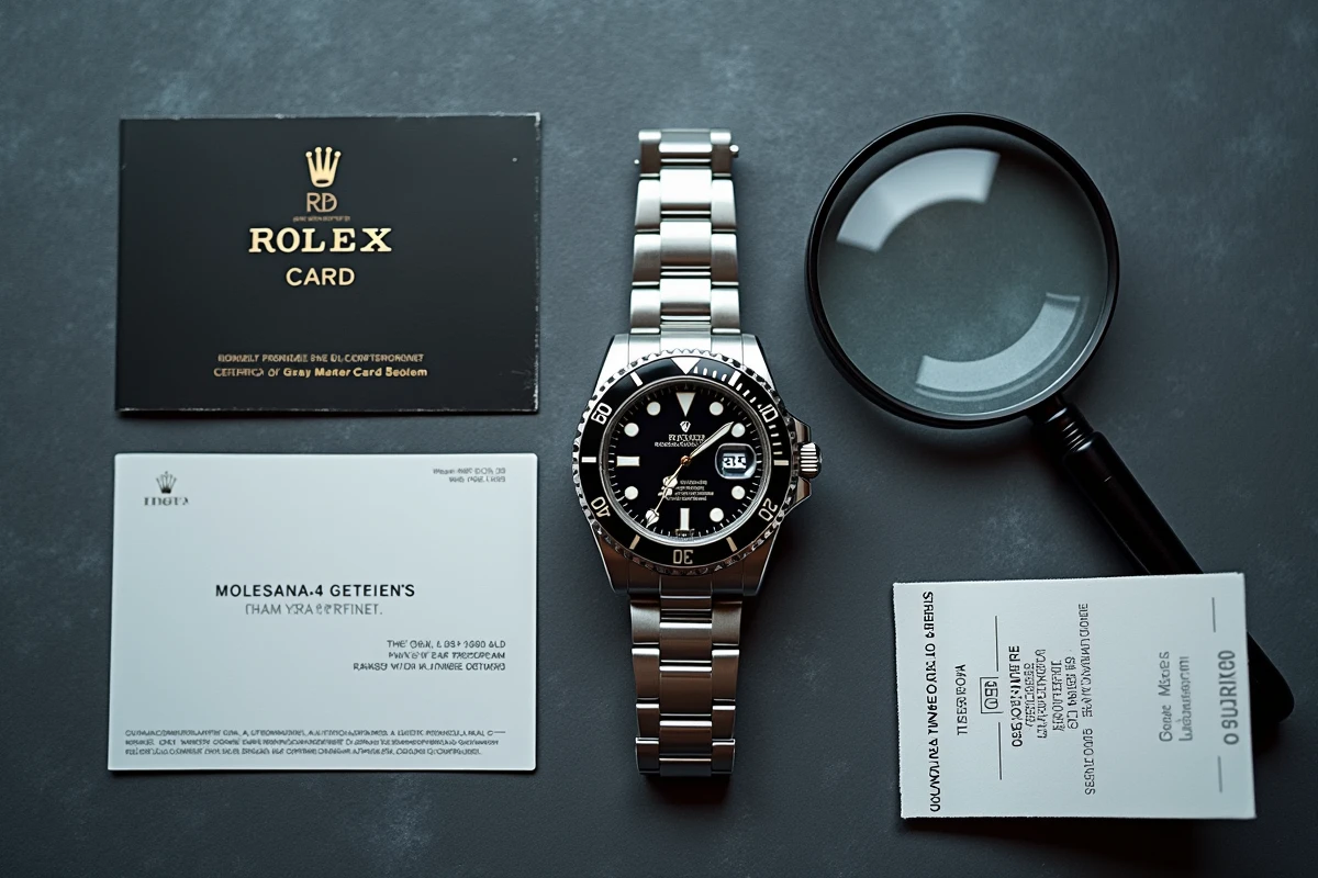 Vue de dessus d'une montre Rolex avec certificat de garantie et documents d'authenticité, symbolisant les protections à vérifier lors d'un achat sur le marché gris