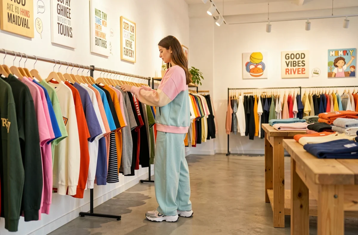 Jeune femme parcourant les rayons de la boutique Goodvibes à Strasbourg avec des vêtements streetwear colorés