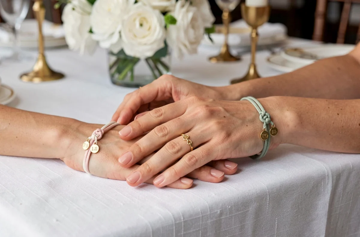 Gros plan sur des bracelets cordon faits main portés par trois témoins de mariage sur une table en lin blanc