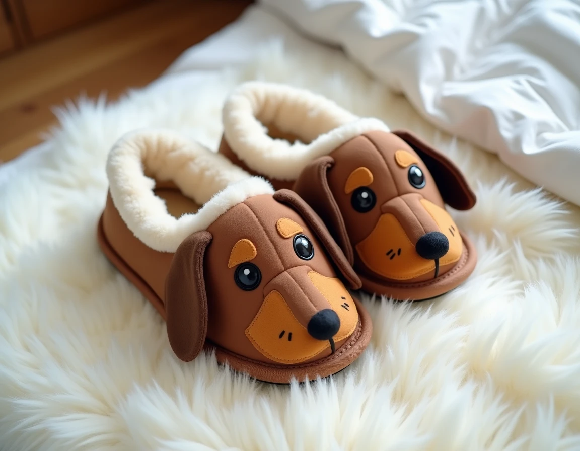 Gros plan sur une paire de chaussons teckel pour femme posés sur un tapis moelleux blanc
