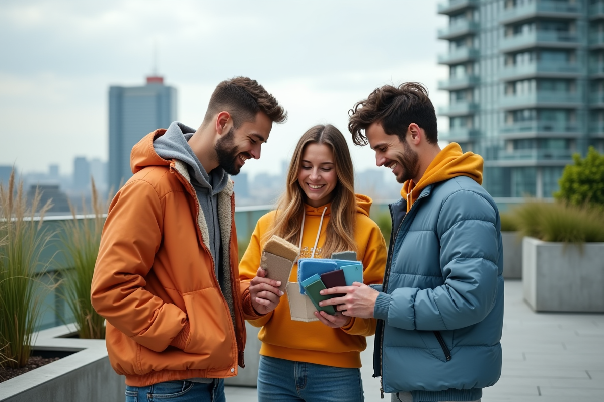 Groupe de trois personnes comparant des échantillons de tissus en ville