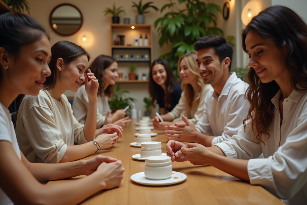 Groupe de jeunes testant produits de soin en boutique