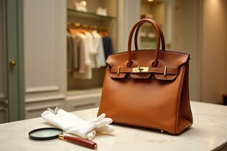 Sac Hermès Birkin 30 en cuir togo caramel avec quincaillerie dorée posé sur un comptoir en marbre dans une boutique de revente de luxe