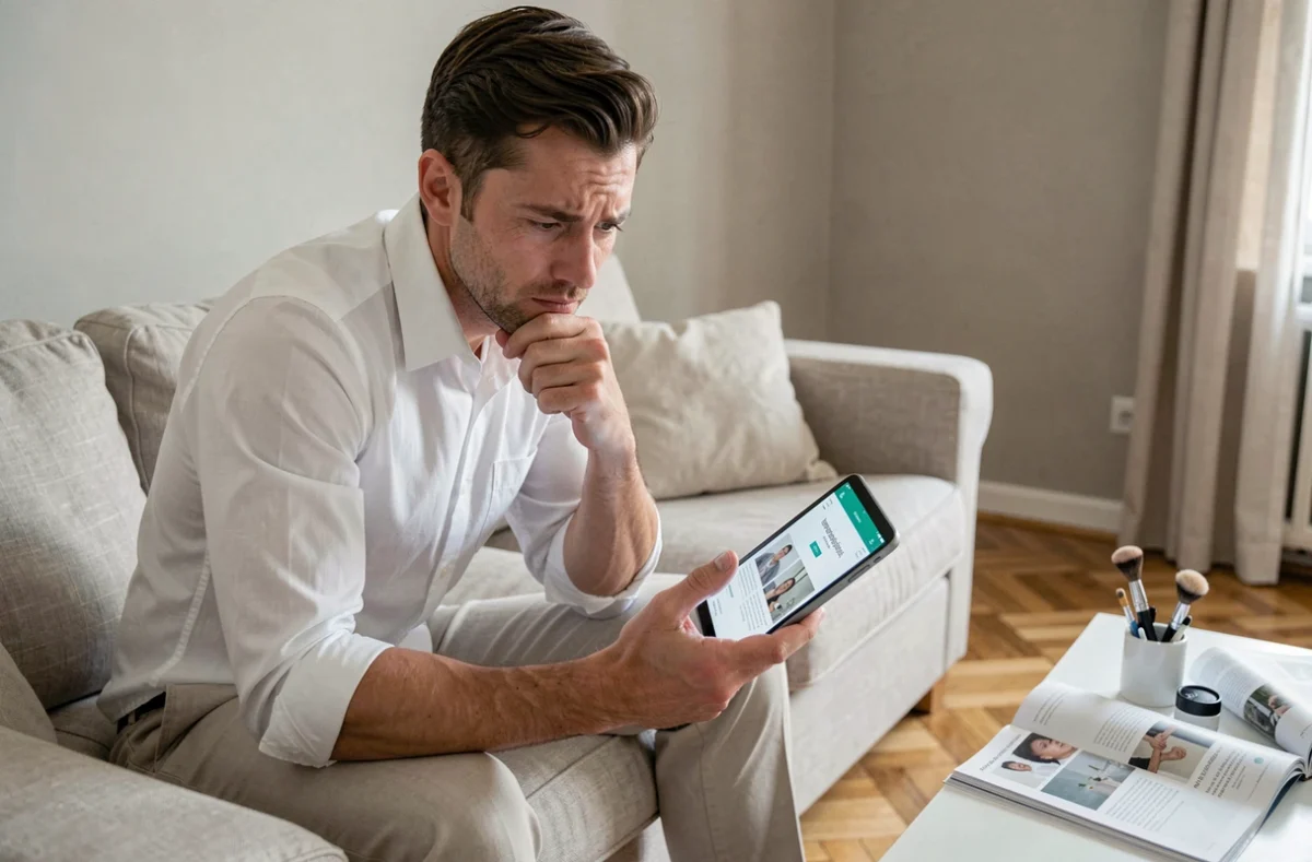 Jeune homme sceptique consultant un site d'abonnement pour homme sur tablette dans son salon