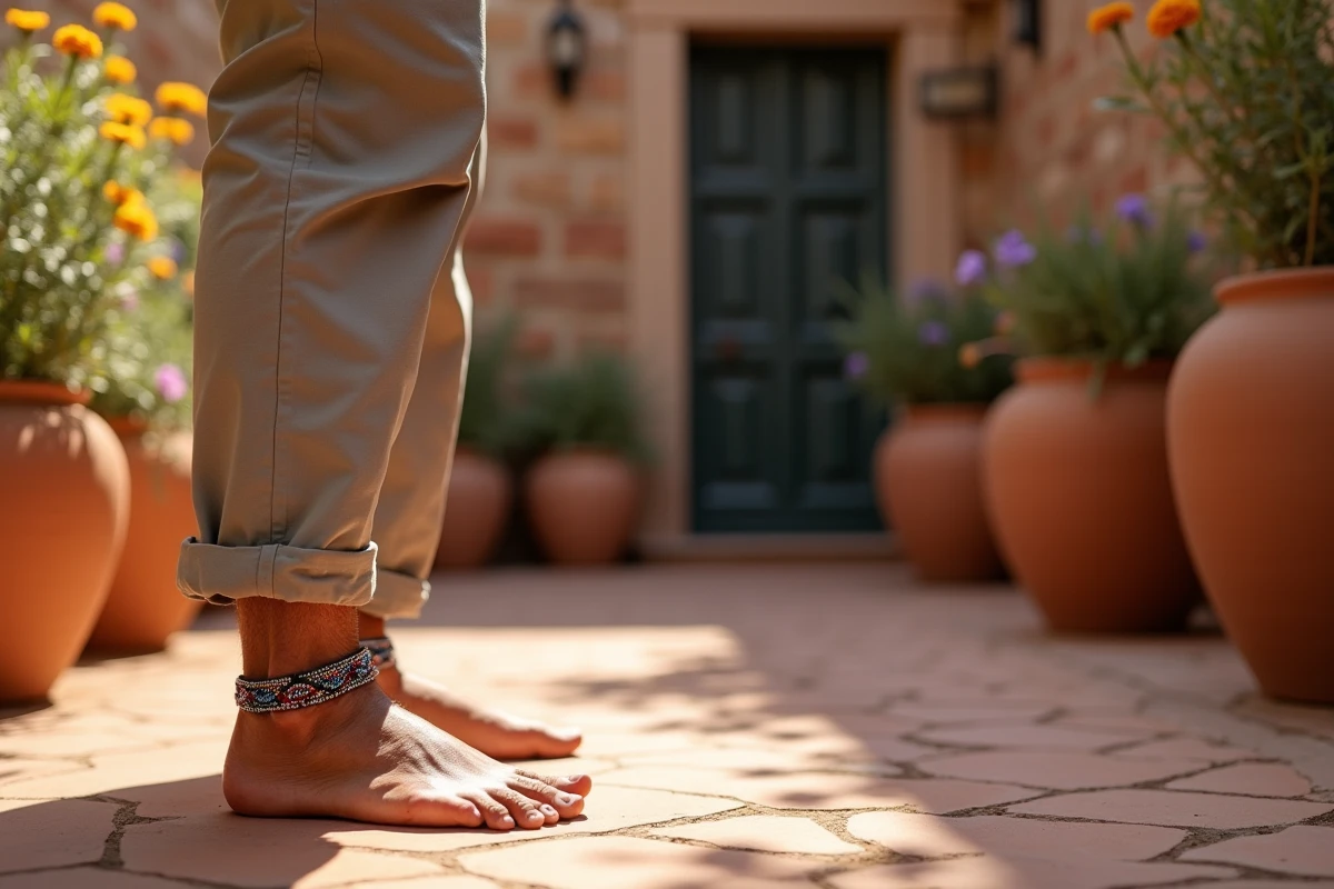 Homme regardant son bracelet à la cheville dans une cour méditerranéenne en plein air