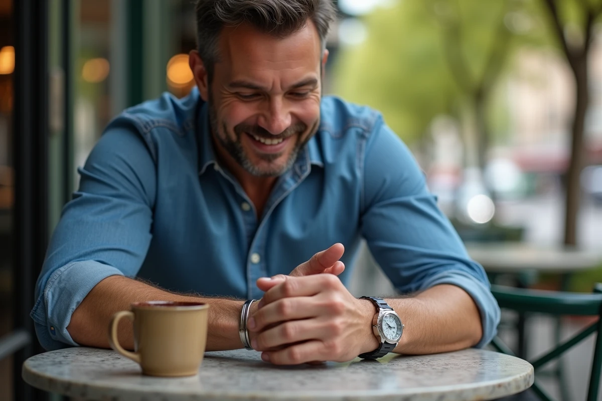 Homme ajuste un bracelet en acier dans un café urbain