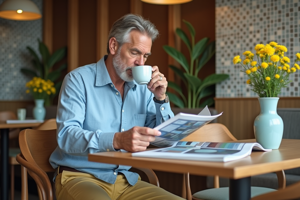Homme lisant un magazine de tendances dans un café moderne