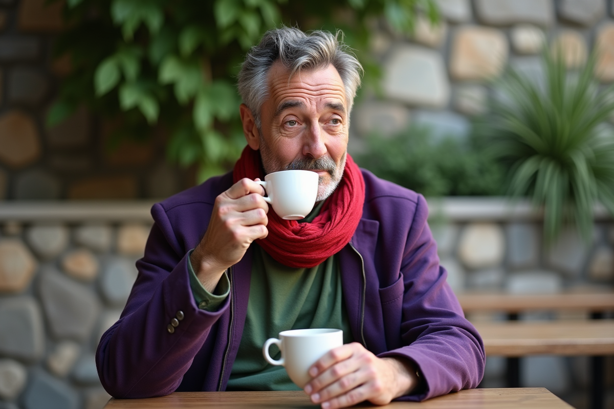 Homme assis à un café avec vêtements aux couleurs contrastées