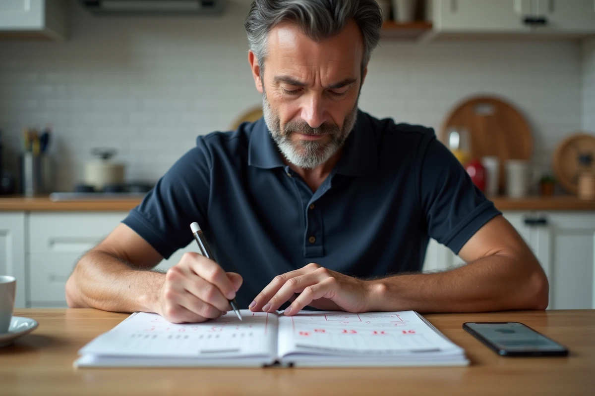 Homme consultant un calendrier papier pour noter les dates des soldes 2026 dans sa cuisine