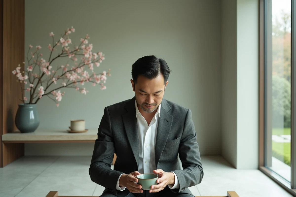 Homme en costume élégant participant à une cérémonie du thé japonaise dans un hôtel de luxe avec vue sur jardin zen