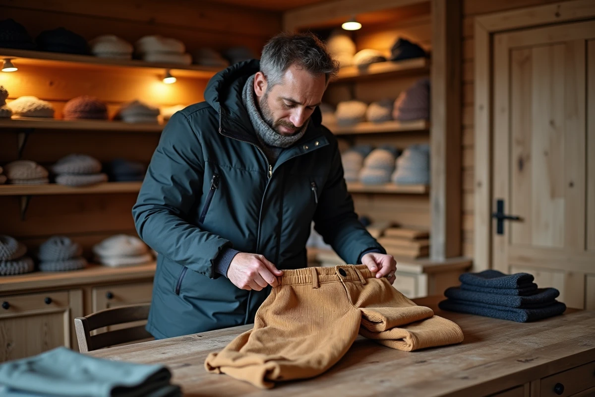 Homme dans un chalet pliant un pantalon en velours côtelé