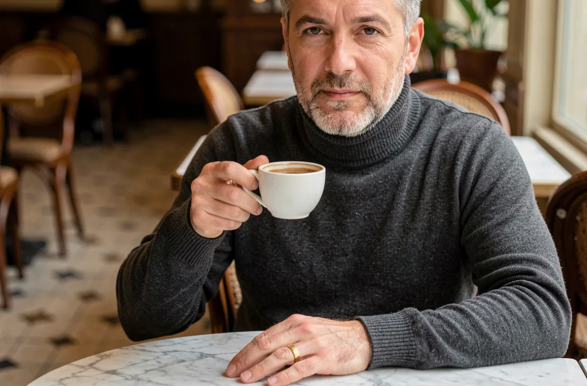 Homme mature portant une chevalière en or discrète dans un café parisien avec tasse d'espresso