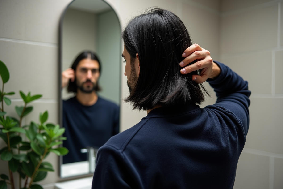 Homme aux cheveux noirs se regardant dans le miroir