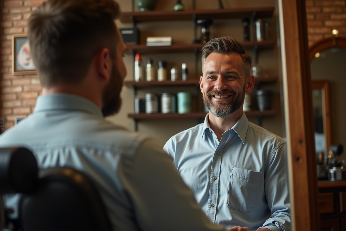 Homme examinant sa coupe dans un barbershop vintage