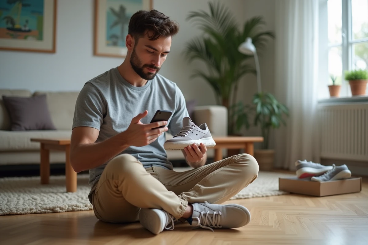 Homme assis sur le sol consultant une grille de conversion de pointure FR en UK sur son smartphone