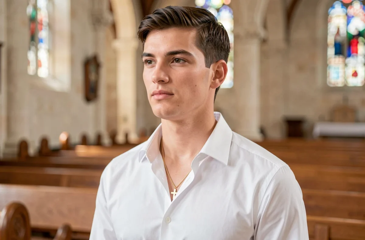 Jeune homme portant une croix dorée autour du cou lors d'une cérémonie religieuse de confirmation ou communion