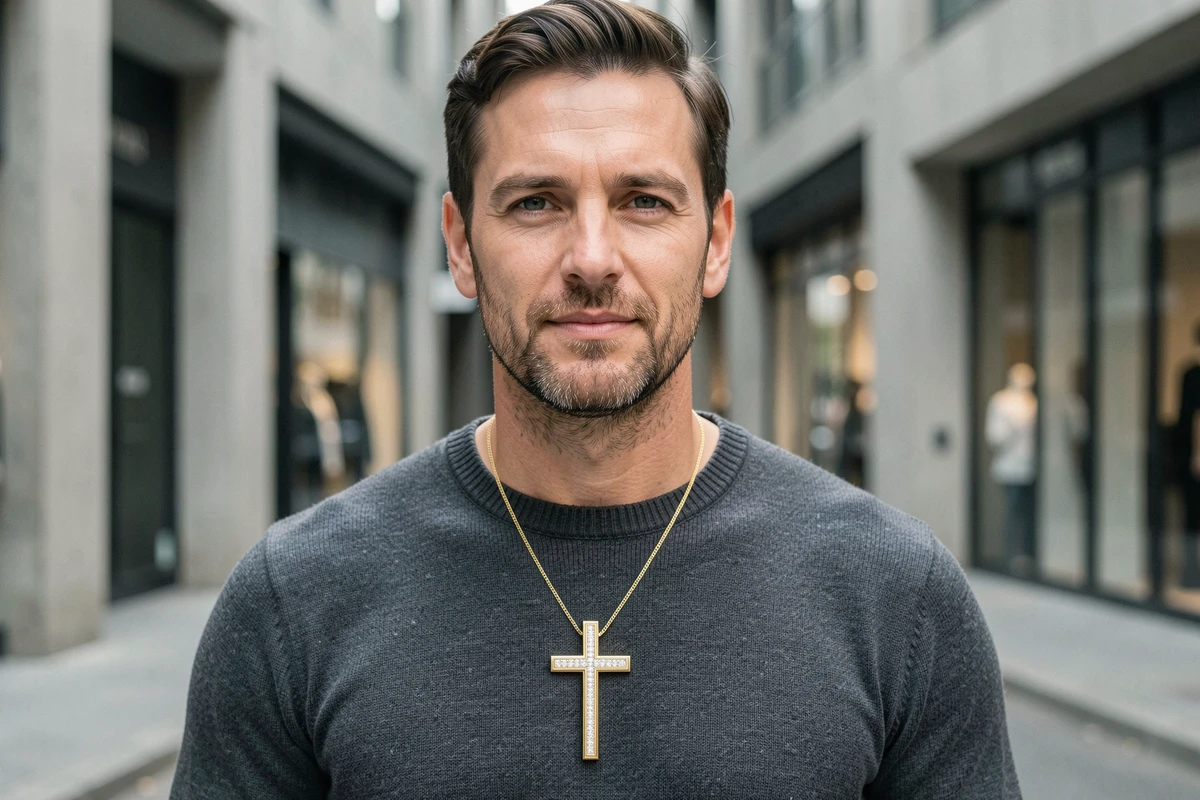 Homme portant une croix en or et diamants sur pull gris anthracite en milieu urbain