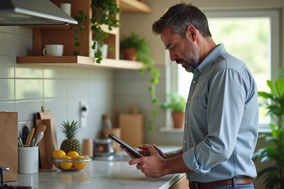 Homme regardant son smartphone dans une cuisine lumineuse