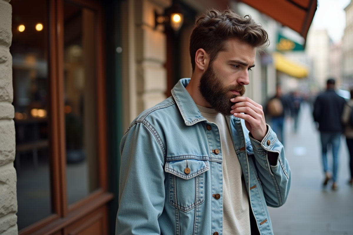 Homme en denim dans la rue en train de coiffer sa barbe