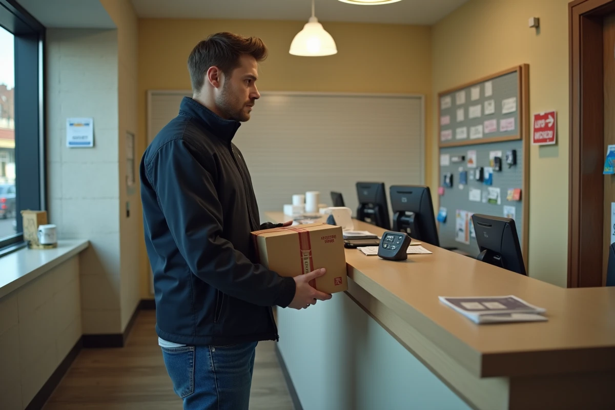 Homme tenant un colis retour dans un point relais vide attendant de déposer son envoi Vinted